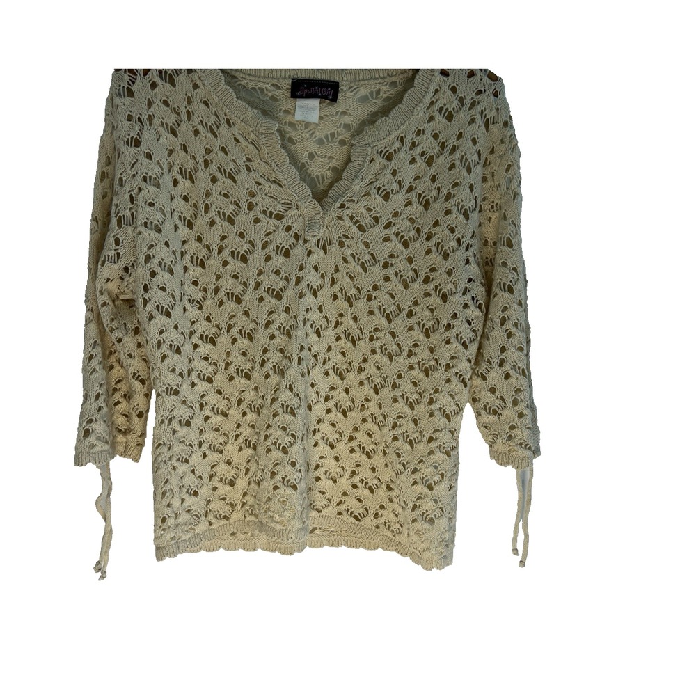 Vtg Y2K Ivory Eyelet Crochet Fairy Pullover Sweater Top Women L Boho Granny